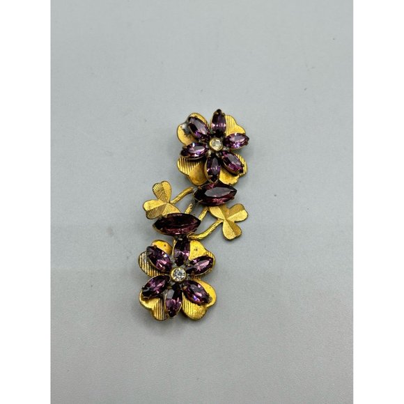 Antique Brooch Purple Rhinestones Flowers Clovers Leaf Pin Older Vintage Jewelry - Picture 2 of 6